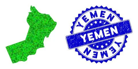 Rosette Rubber Stamp And Green Vector Lowpoly Yemen Map mosaic Stock Illustration