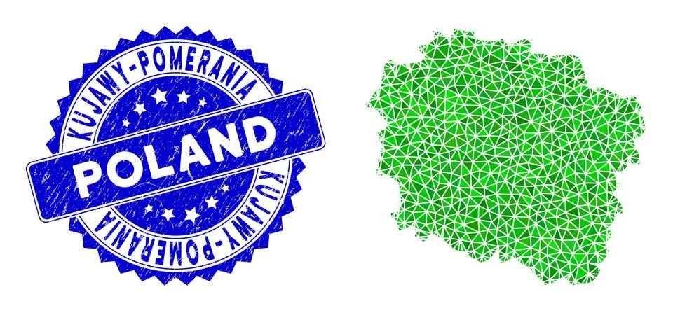 Rosette Rubber Stamp with Green Vector Polygonal Kujawy-Pomerania Province Map Illustrazione stock