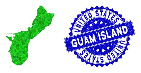 Rosette Rubber Stamp With Green Vector Triangle Filled Guam Island Map mosaic Stock Illustration