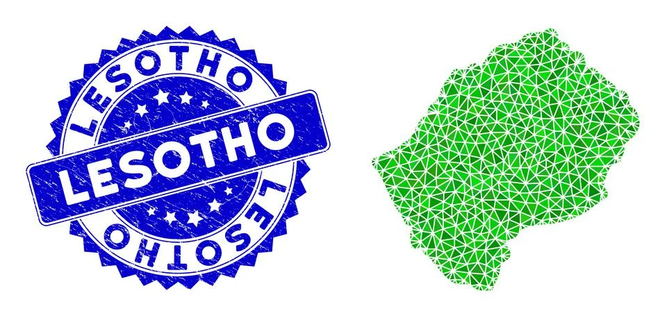 Rosette Scratched Badge with Green Vector Lowpoly Lesotho Map mosaic イラスト素材