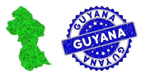 Rosette Scratched Badge with Green Vector Triangle Filled Guyana Map mosaic Stock Illustration