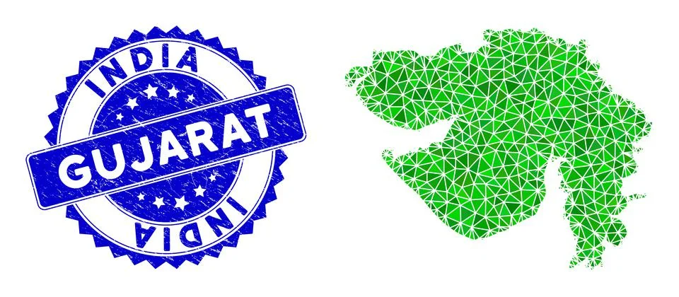 Rosette Scratched Seal With Green Vector Polygonal Gujarat State Map mosaic Illustrazione stock