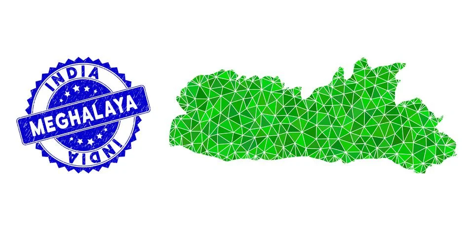 Rosette Scratched Stamp With Green Vector Triangle Filled Meghalaya State Map Stock Illustration