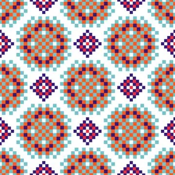 Rosette shapes folk seamless vector pattern pixelated texture. Stock Illustration