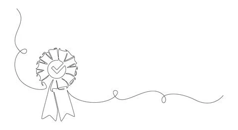 Rosette Stamp award badge with tick in one continuous line drawing. Premium Stock Illustration