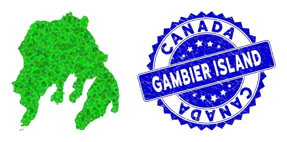 Rosette Textured Badge with Green Vector Polygonal Gambier Island Map mosaic Stock Illustration