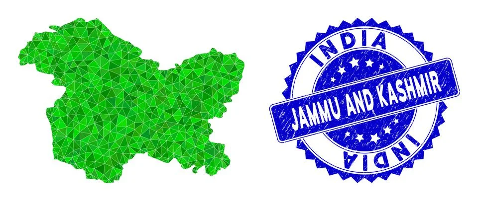 Rosette Textured Seal with Green Vector Polygonal Jammu and Kashmir State Map Stock Illustration