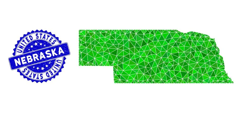 Rosette Textured Seal With Green Vector Lowpoly Nebraska State Map mosaic Stock Illustration