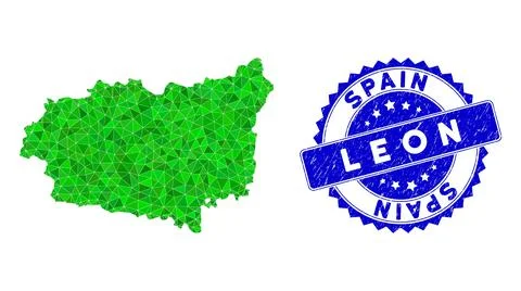 Rosette Textured Seal with Green Vector Triangle Filled Leon Province Map mosaic Stock Illustration