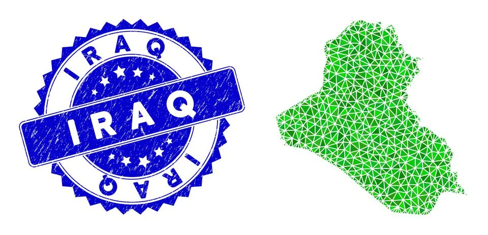Rosette Textured Stamp With Green Vector Polygonal Iraq Map mosaic Stock Illustration