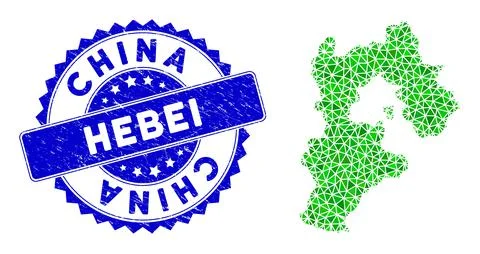 Rosette Textured Stamp With Green Vector Polygonal Hebei Province Map mosaic Stock Illustration