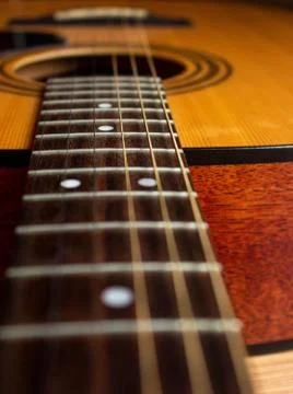 Rosewood Fretboard Acoustic, Macro Acoustic Guitar Fretboard Stock Photos