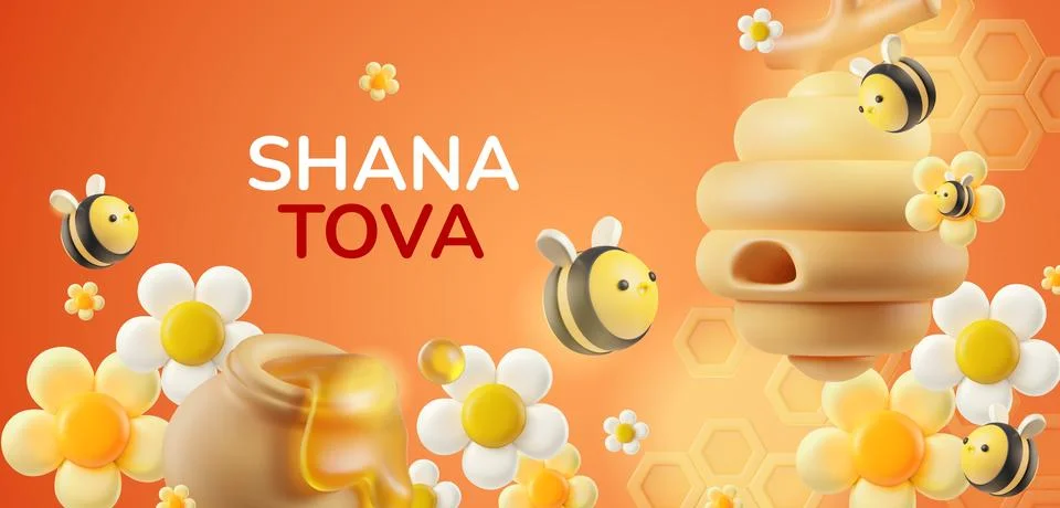 Rosh hashanah celebration 3d. Vector illustration of honey and apple set. Illustrazione stock