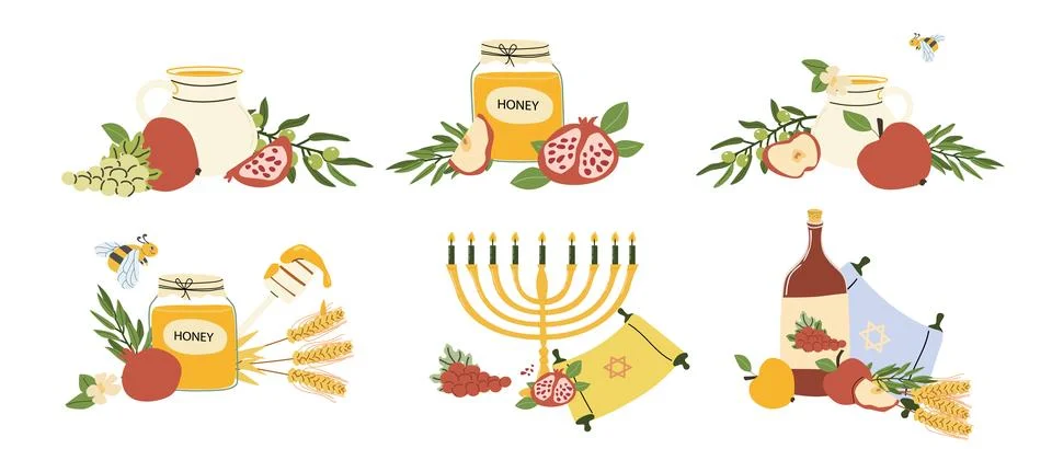 Rosh Hashanah elements set. Vector illustration of harvest compositions honey Stock Illustration