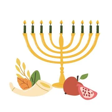 Rosh Hashanah festive composition with menorah, shofar red apples and ripe Stock Illustration