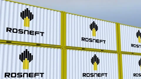 Rosneft logo Ship container with element logo and flag Stock Footage 262929327