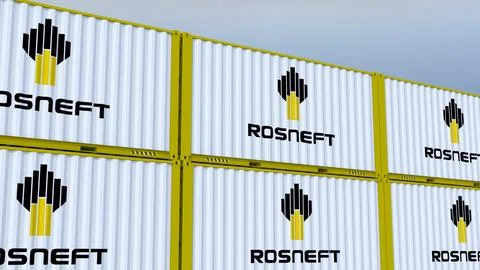 Rosneft logo Ship container with element logo and flag Stock Photos