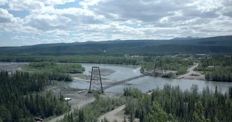 Ross River / Pelly River bridge - Wide Angle panning shot Stock Footage 93752017