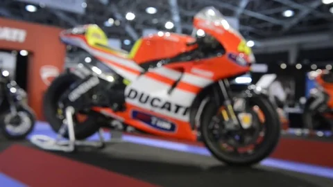 Rossi Ducati GP motorcycle rack focus Stock Footage 70923154