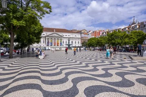 Rossio Square and in background D. Maria II National Theater. Lisbon, Portugal Stock Photos