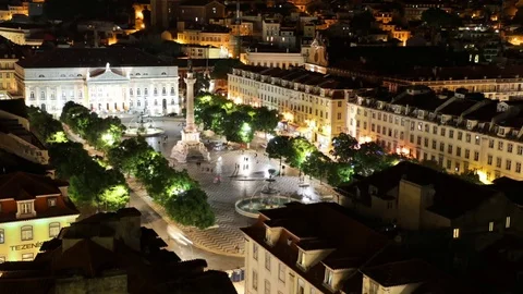Rossio square night Stock Footage
