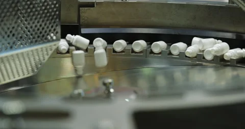 Rotary bottle unscrambler arranges white medicine containers on pharmaceutical Stock Footage 346227924