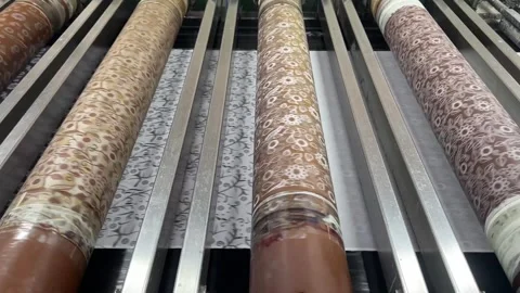 Rotary Screen Textile Printing Machine Producing Decorative Fabric in Factory 스톡 동영상 335436011