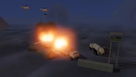 Rotary wing drone strike walking across a supply depot rocky outpost at 스톡 동영상 342323641