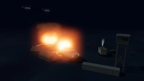 Rotary wing drone strike walking across a forward camp desert base at ni 스톡 동영상 342323643