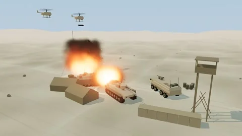 Rotary wing drone strike walking across armoured vehicles desert base in 스톡 동영상 342323911
