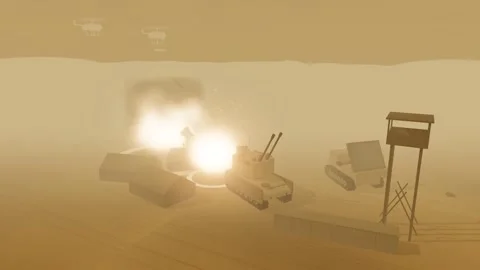 Rotary wing drone strike walking across an air defence battery desert ba 스톡 동영상 342323921