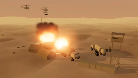 Rotary wing drone strike walking across a supply depot desert base at go 스톡 동영상 342324002