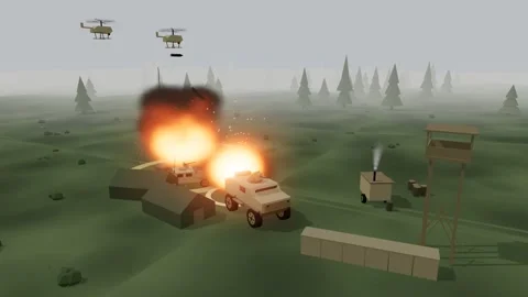 Rotary wing drone strike walking across a forward camp forest base under 스톡 동영상 342324143