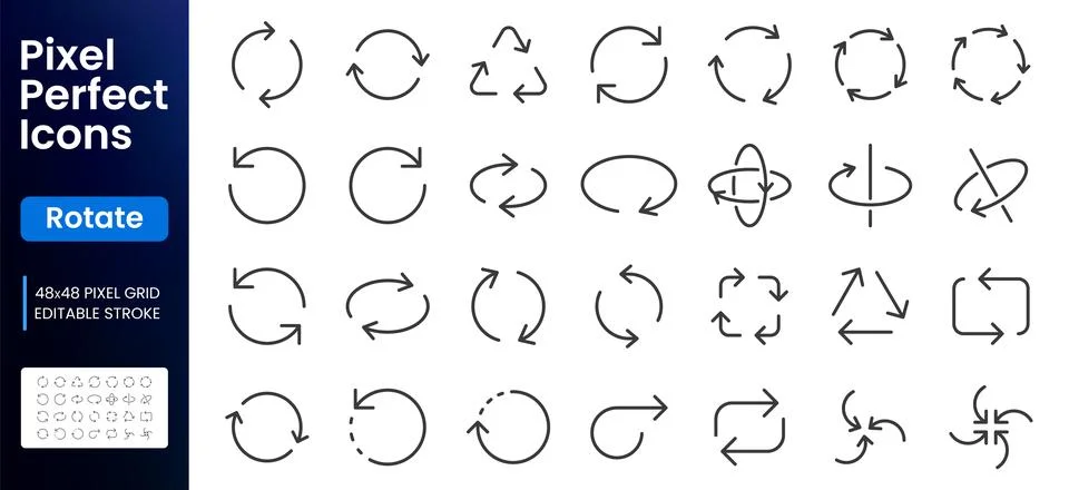 Rotate line icon set. Circular arrows, refresh, reload, sync, loop, spin, axis Stockillustratie