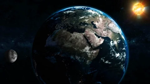 Rotated 3d planet earth moon sun on space view Stock Footage 221904671