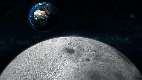 Rotated 3d planet earth moon view realistic in the galaxy Stock Footage 221904899