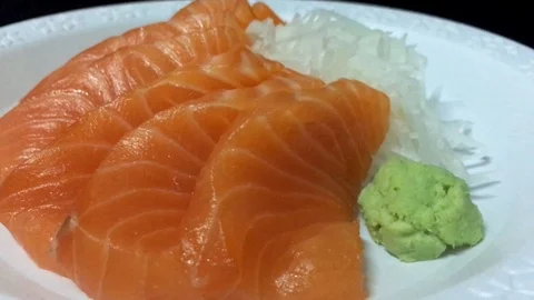 Rotated salmon sashimi set closeup, Japanese food style Stock Footage 97628679
