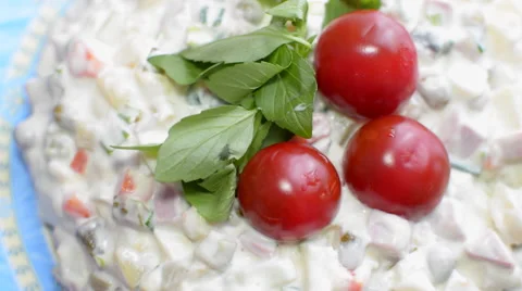 Rotates Russian Salad With Tomatoes Stock Footage 61803101