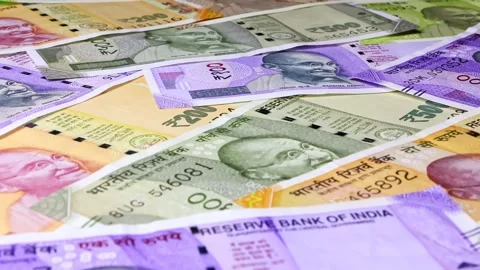 Rotating 10, 20, 50, 200, 500 Indian rupees (INR), brand new notes. Stock Footage 302994051