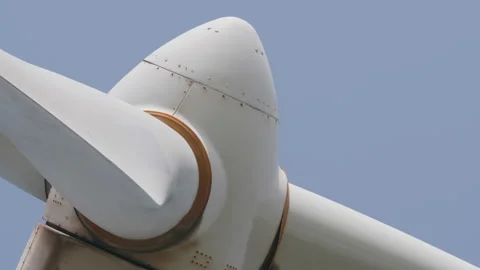 Rotating 3 blade horizontal-axis wind turbine HAWT, close up 5. 4K locked tripod Stock Footage 149645221