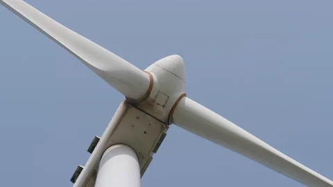 Rotating 3 blade horizontal-axis wind turbine HAWT, close up 6. 4K locked tripod Stock Footage 149646940