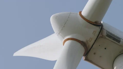 Rotating 3 blade horizontal-axis wind turbine HAWT, close up 7. 4K locked tripod Stock Footage 149649459