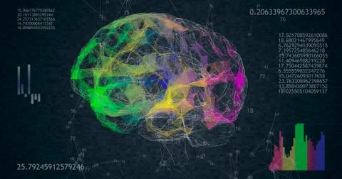 Rotating 360 low polygonal brain 3D model on black background with animated n 库存插图