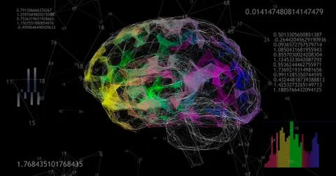 Rotating 360 low polygonal brain 3D model on black background with animated n 스톡 일러스트