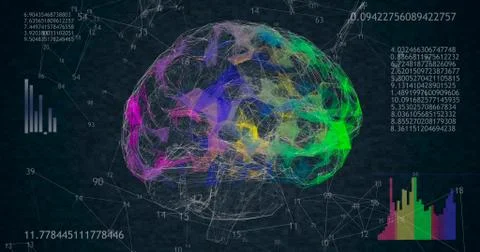 Rotating 360 low polygonal brain 3D model on black background with animated n 스톡 일러스트