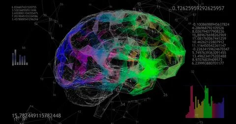 Rotating 360 low polygonal brain 3D model on black background with animated n 库存插图