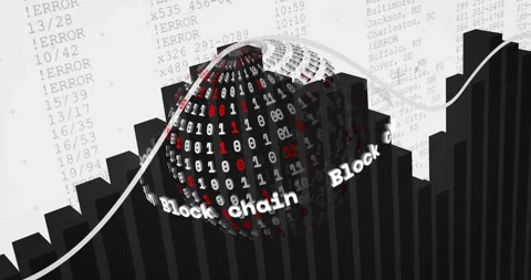 Rotating 3D binary sphere displaying Block chain above black bar chart, showing Stock Footage 307438676