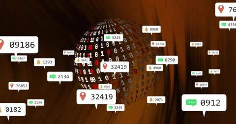 Rotating 3D binary sphere emitting floating notification tags in virtual UI, Illustrazione stock