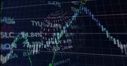 Rotating 3D binary sphere floating over trading interface, with candlestick b Stock Illustration
