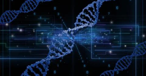 Rotating 3D blue DNA double helix twisting diagonally in virtual laboratory, Stock Photos
